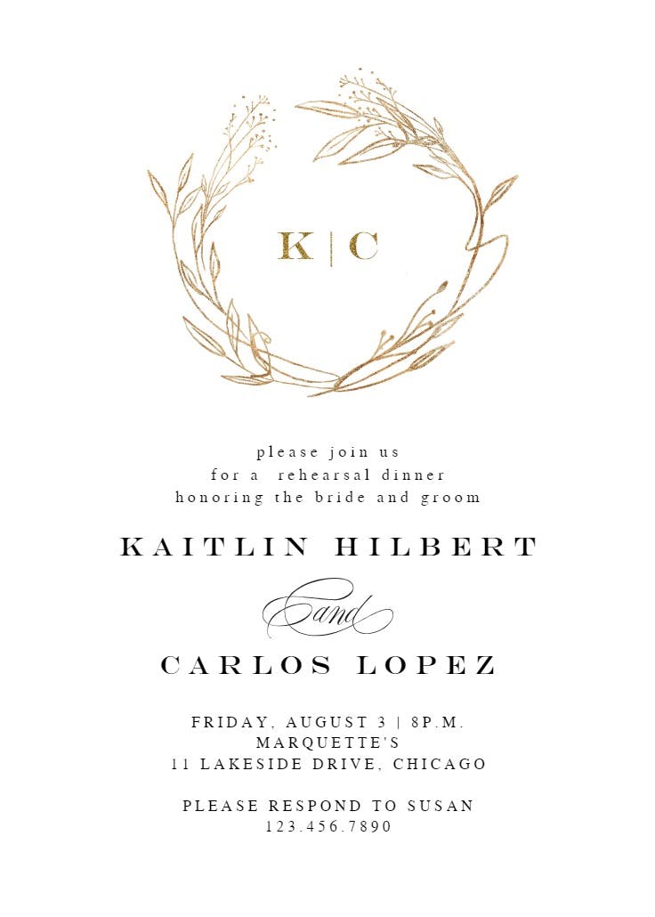 Monogram golden wreath - rehearsal dinner party invitation